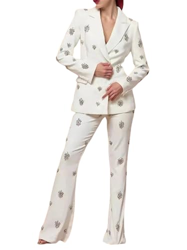 platlogy Women's 2025 Designer Suit Set Lady Luxurious Rhinestone Diamonds Beaded Blazer Flare Pants Suit 2pcs Outfits White