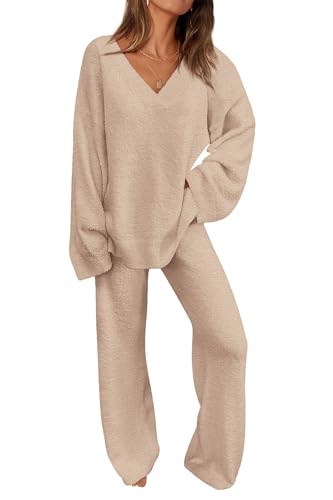PRETTYGARDEN Lounge Sets For Women Two Piece Sweaters Pajama Set Fall Fashion 2025 Loungewear Outfits Matching Winter Clothes (Khaki,Small)