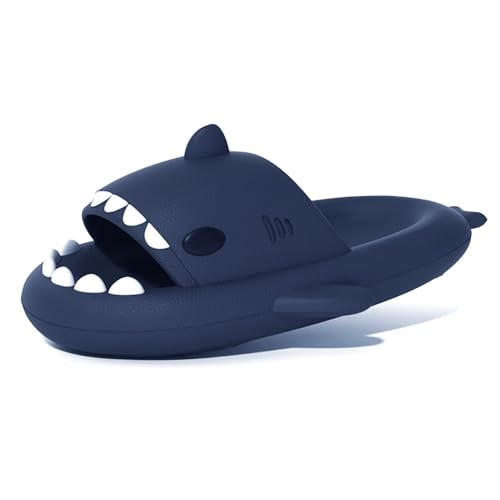 welltree Shark Slides for Women and Men Novelty Pillow Slippers Open Toe Shark Sandals Cushioned Cloud Slides,Navy,7.5-8.5 Women/6-7 Men