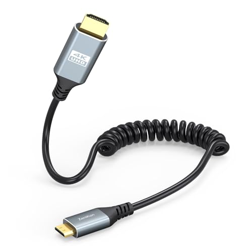 ZeniKon 4K Mini HDMI to HDMI Coiled Cable 1FT-3FT for Camera Field Monitor, HDMI to Mini HDMI Coiled Cable Short [Aluminum Shell] 4K@60Hz, 2K, 1080P, HDR, ARC for DSLR, Portable Monitor, Laptop