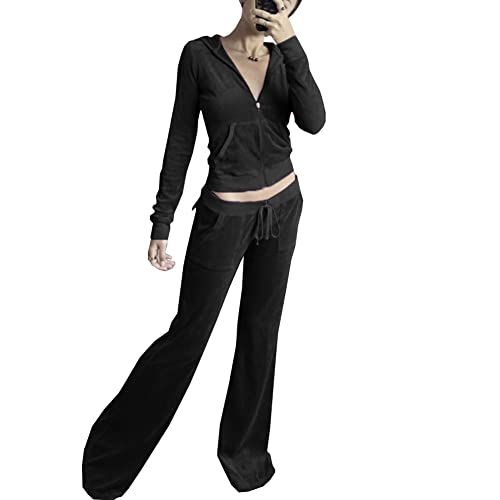 HBER Women's 2 Piece Velour Tracksuit Set Solid Color Long Sleeve Zipper Cropped Jacket and Sweatpants Y2K Sweatsuit Set