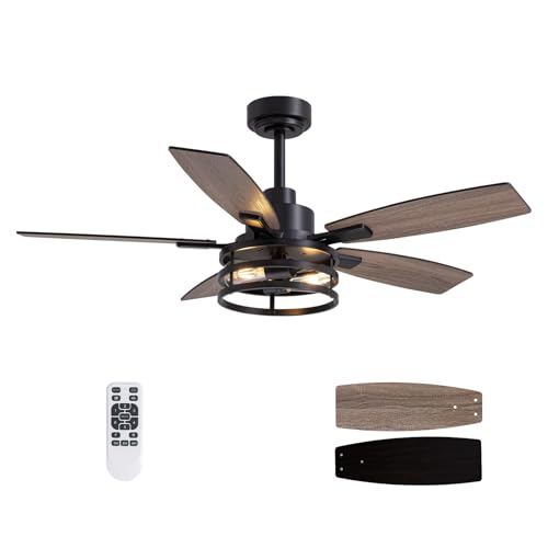 46 Inch Ceiling Fans with Lights and Remote Control, Farmhouse Ceiling Fan for Bedroom Living Room and Patio, Black Caged Ceiling Fan for Indoor and Outdoor