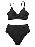 CUPSHE Women's Bikini Sets Two Piece Swimsuit High Waisted V Neck Twist Front Adjustable Spaghetti Straps Bathing Suit, XXL Black