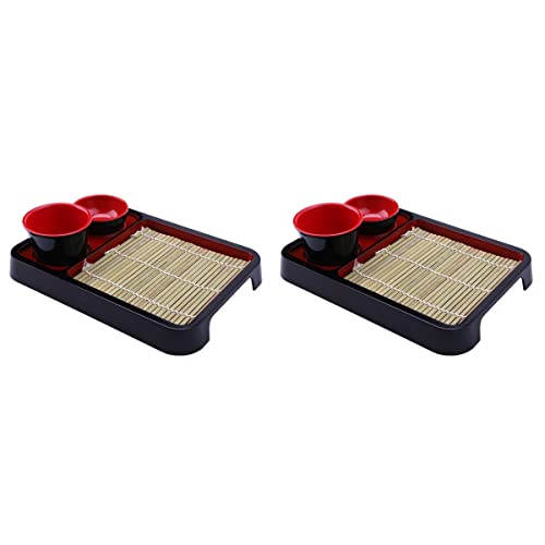 2 Sets Japanese Style Cold Noodle Tray with Bamboo Mat, Rectangular Soba Noodles Plate with Cup and Sauce Dish, 9.84X7.28X2.12In, Black