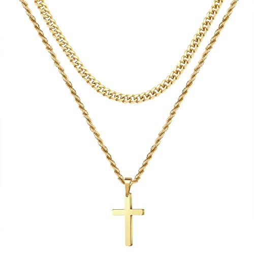 Ursteel Gold Cross Necklace for Men, 18K Gold Stainless Steel Cross Chain Layered Rope Necklace 16-18 Inch Fathers Day Cross Gifts From Wife