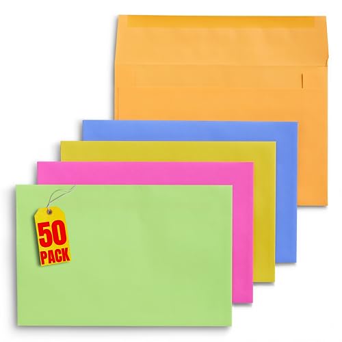 1InTheOffice A9 Greeting Card Envelopes 5.75 x 8.75, Envelopes for Invitation, Assorted Colored Envelopes, 5 3/4" x 8 3/4", 50/Box