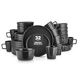 Stone Lain Celina Stoneware 32 Piece Dinnerware Set, Plates and Bowls, Black Matte Dish Collection, Service for 8 – Contemporary Minimalist Style, Microwave & Dishwasher Safe