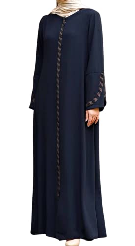 istanbul styles Women's Abaya Long Sleeve Open Quarry Floor Length Zipper Floor Length Turkish Islamic Fashion (Navy Bule, Small)