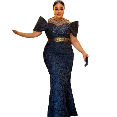 Hndudnff Women African Evening Dresses Ankara Elegant Sequin Gown Turkey Wedding Party Long Dress Black XL