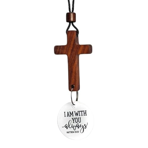 Daily Bible Verse Rearview Mirror Cross Ornament – Daily Scripture Car Charm Hanging Cross for Car with “I Am with You Always” Medallion (White)