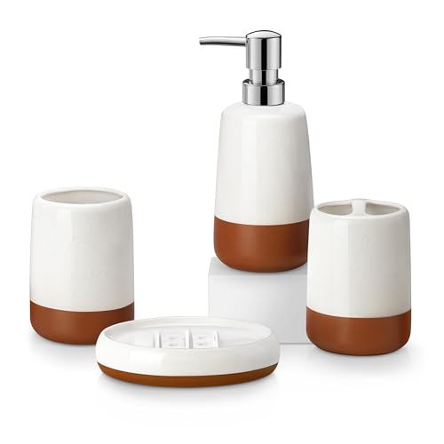 MALACASA Ceramic Bathroom Accessories Sets, 4 PCS,Soap Dispenser, Toothbrush Holder, Toothbrush Cup and Soap Dish, Durable Bathroom Sink Set for Modern Home Decor,Gift Set, Khaki White