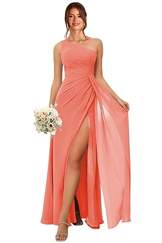 Koendye Women's One Shoulder Bridesmaid Dresses Long 2025 for Wedding Corset Back Side Slit Coral Chiffon Bridesmaid Dress for Juniors 10