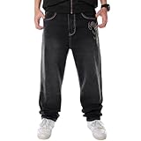 LUOBANIU Men's Hip-hop Embroidered Printed Baggy Jeans Loose Fit Dance Skateboard Denim Long Jeans 1798 Black 34