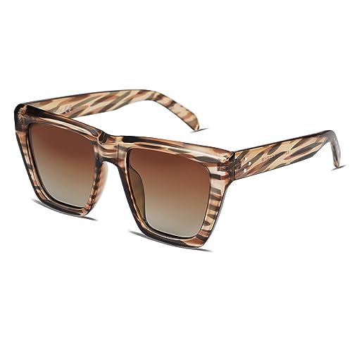 SOJOS Fashion Oversized Square Cat Eye Polarized Sunglasses for Women Trendy Cateye Style Womens Sunglasses SJ2179, Brown Pattern Frame/Brown Grading Lens