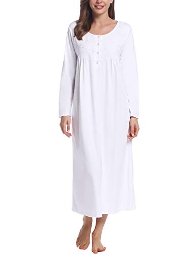 Joyaria Brushed Cotton Jersey Knit Nightgown Full Length Ultra Soft Winter Warm Night Gowns Sleepwear (White, Medium)