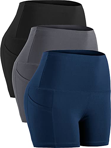 CADMUS High Waist Athletic Shorts for Womens Yoga Fitness Workout Running Shorts with Deep Pockets,3 Pack,1016,Black & Grey & Navy Blue,Small