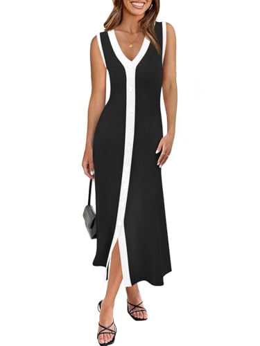Saodimallsu Womens Summer Button Down Sweater Dresses Sleeveless V Neck Casual Ribbed Knit Color Block Long Tank Dress Black