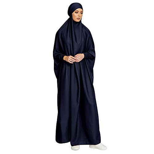 IKADEX Jilbab for Muslim Women Hooded Abaya Kaftan Dress Hijab Chador One-Piece Loose Fit Arabic Islamic Prayer Robe Navy Blue