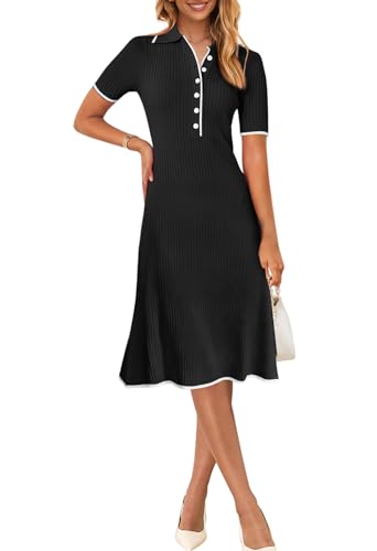 MEROKEETY Women's V Neck Ribbed Knit Midi Dress Short Sleeve Button Elegant Bodycon Sweater Dresses, Black, Small