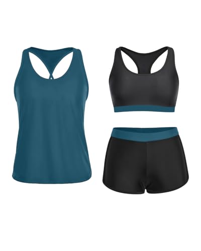 Yonique 3 Piece Athletic Tankini Swimsuits for Women with Shorts Swim Tank Tops with Sports Bra and Boyshorts Bathing Suits Black and Blue S