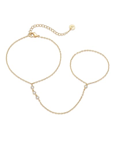 PAVOI 14K Yellow Gold Plated Cubic Zirconia Hand Chain Bracelet for Women | Dainty Station Bracelet and Ring Chain Body Jewelry