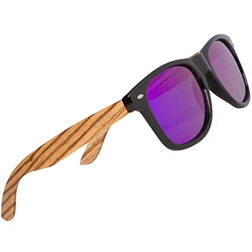 Woodies Zebra Wood Sunglasses with Purple Mirrored Polarized Lens and Real Wooden Frame for Men and Women | 100% UVA/UVB Protection
