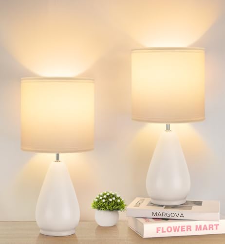Yacoto Ceramic Table Lamps Set of 2, Small White Bedside Lamps for Bedroom Modern Nightstand with 3 Color Temperatures for Living Kid’s Room Reading Office Dorm (2 Bulbs Included)