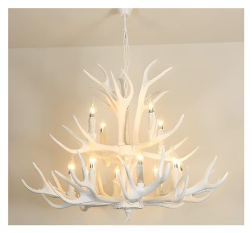 NEWNAN White Antler Chandelier 2 Tier 12 Lights, Farmhouse Rustic Deer Horn Pendant Lighting Classic Candle Style, Vintage Large Faux Antler Hanging Ceiling Light (Color : White, Size : 12 Lights)