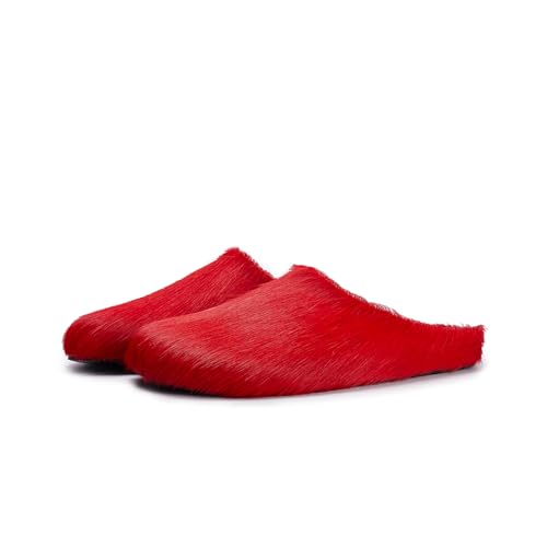 CAGLGLZ Real Fur Slides Mules for Women Round Toe Slip on Sandals Fuzzy Luxury Platform Clogs Slippers Comfortable Fashion Cute Shoes(Red,8.5)