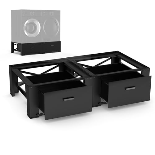 SKM 2-Pack Laundry Pedestal for Washer and Dryer - Fit 27 and 28 Inch Washers and Dryers, Heavy Duty Steel, 700lbs Capacity, 14.3' Height Elevation, Universal Washing Machine Raiser with Drawer, Black