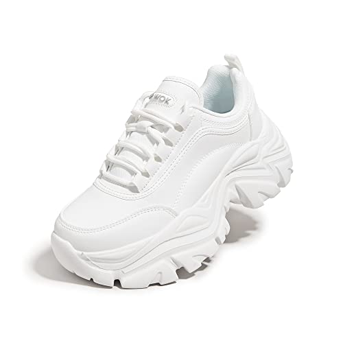 K KIP WOK Chunky Sneakers for Women Fashion Platform White Leather Casual Dad Shoes Comfortable Wedge Walking Sport Sneakers(White,7)