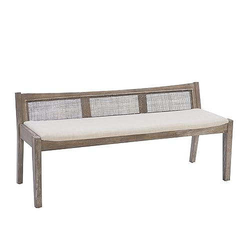 Powell Kasi Brown Low Back Cane Bench with Beige Upholstered Seat
