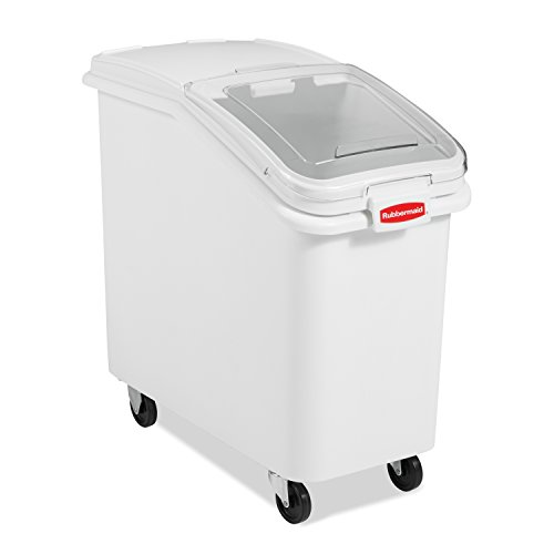 Rubbermaid Commercial Products ProSave Shelf-Storage Ingredient Bin With Scoop 500-Cup capacity Plastic White Sliding Lid Container with Wheels for Kitchen/Restaurant Food Organization