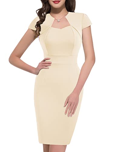 Womens Vintage Cap Sleeve Bodycon Pencil Dress for Work Office Nude