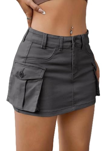 EARKOHA Women's Mini Cargo Skirt Y2K Button Low Waist Short Skirts Bodycon Denim Jean Skirt with Flap Pockets Gray M