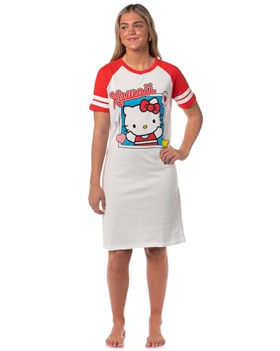 Bioworld Sanrio Hello Kitty Women's Kawaii Framed Heart Accents Varsity Stripe Pajama Sleep Shirt Nightgown (Large) Red/White