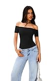 REORIA Womens Sexy Casual Off The Shoulder Short Sleeve Backless Going Out Double Lined Fitted Thong Bodysuit Tops Black Onyx Large