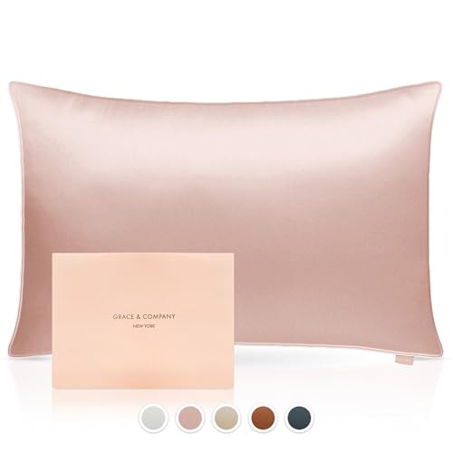 Grace & Company Silky Satin Pillowcase for Hair & Skin, Oeko-Tex Certified Satin Silk Pillowcase with Zipper - Ultra Smooth Pink Pillowcases Standard Size 20”x26” - Peony