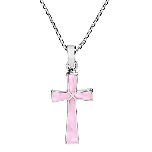 AeraVida Spiritual Minimalist Christian Cross Pink Mother of Pearl .925 Sterling Silver Pendant Necklace | Religous Necklace Jewelry for Women | Jewelry Gift