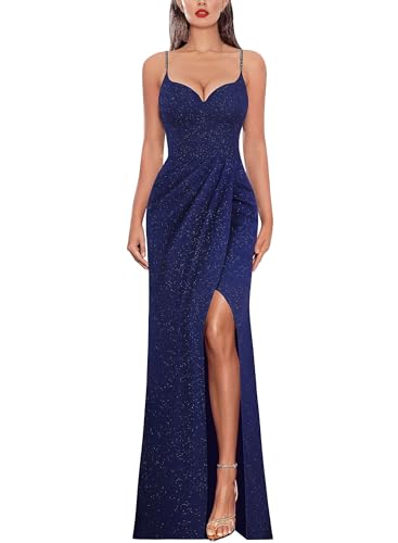 VFSHOW Womens Sexy Formal Prom Ruched Hight Slit Spaghetti Strap Maxi Dress 2024 Sweetheart Cocktail Wedding Guest Glitter Fitted Bodycon Evening Long Gown (Navy Blue, Large) 11181 BLU L