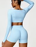 ABOCIW Square Neck Long Sleeve Crop Tops for Women Tummy Control High Waist Biker Shorts 2 Piece Workout Sets Blue Medium