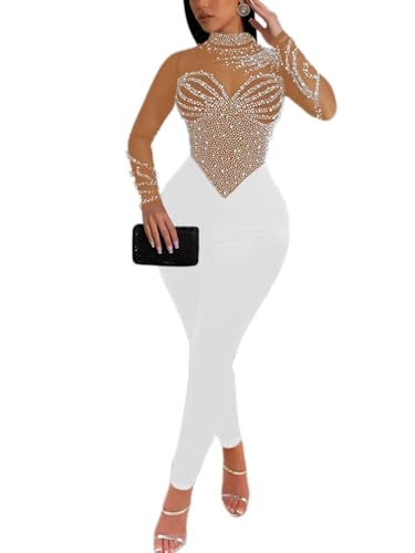 Aotasely Women's Sexy Long Sleeve Pearl Rhinestone Jumpsuit Patchwork Sheer Mesh See Through Bodycon Jumpsuit Party Night