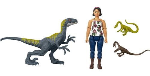 Mattel Jurassic World Camp Cretaceous Human & Dino Action Figure Pack with Sammy & Velociraptor Figures, Plus 2 Compys Smaller Dinosaurs, Collectible Toy Set