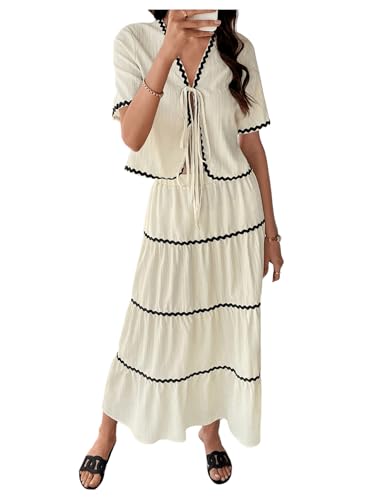 SweatyRocks Women's 2 Piece Outfits Tie Front Short Sleeve Top and Ruffle Maxi Skirts Vacation Sets Beige Small