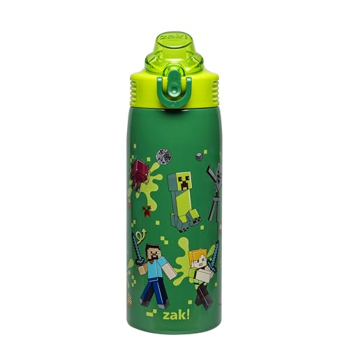 Zak Designs Minecraft Sage Kids Water Bottle For School or Travel, 19oz Stainless Steel Water Bottle With Straw, Handle, and Leak-Proof, Pop-Up Spout Cover (Steve, Alex, Mobs)