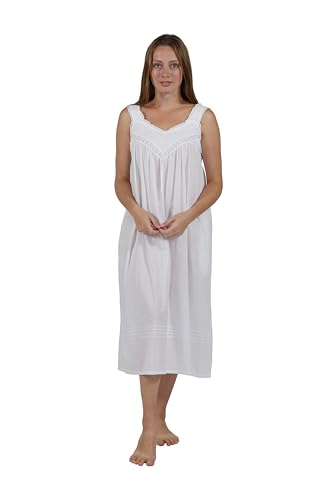 LA CERA Women's Plus Size Sleeveless Embroidered Nightgown, 100% Cotton, Side Pockets, Lace Inset V-Neckline White