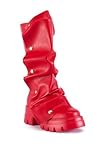 sexytag Mid Calf Boots for Women Platform Slouchy Boots Fold Over Short Booties Ruched Detachable Snap Button Block Chunky Heel Lug Sole Round Toe Pull On Western Fashion Boot Red Size 7