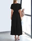 BTFBM Womens Summer 2025 Casual Midi Maxi Dresses Lightweight Short Sleeve V Neck Elastic Waist Boho Beach Dress Pockets(Black, Large)