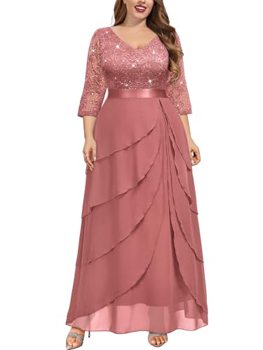MISSMAY Women's Plus Size Sequins Lace Ruffle Tiered Layered Chiffon Formal Maxi Dress