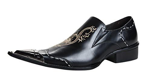Santimon Chelsea Pointed Toe Western Embroidery Leather Dress Men Shoes Black 9.5 US